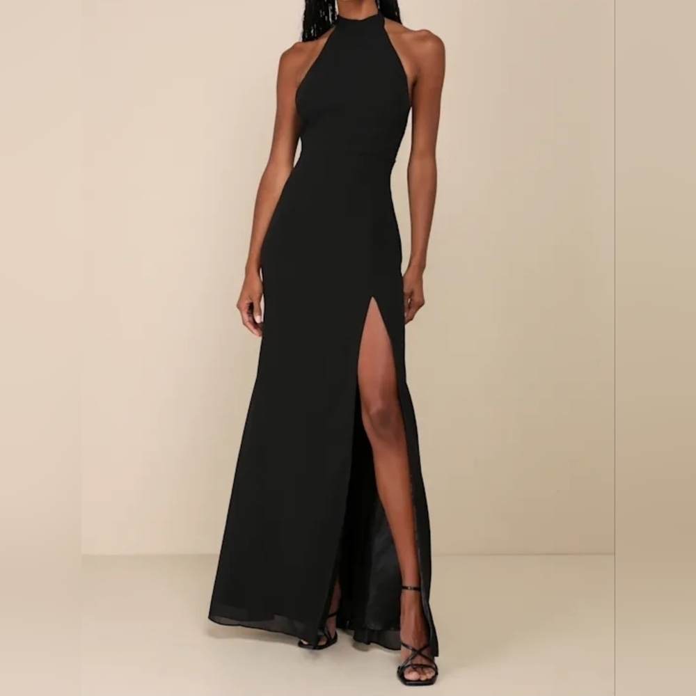 Lulus Women's Captured Your Heart Black Halter Maxi Dress, High Leg Slit, XS